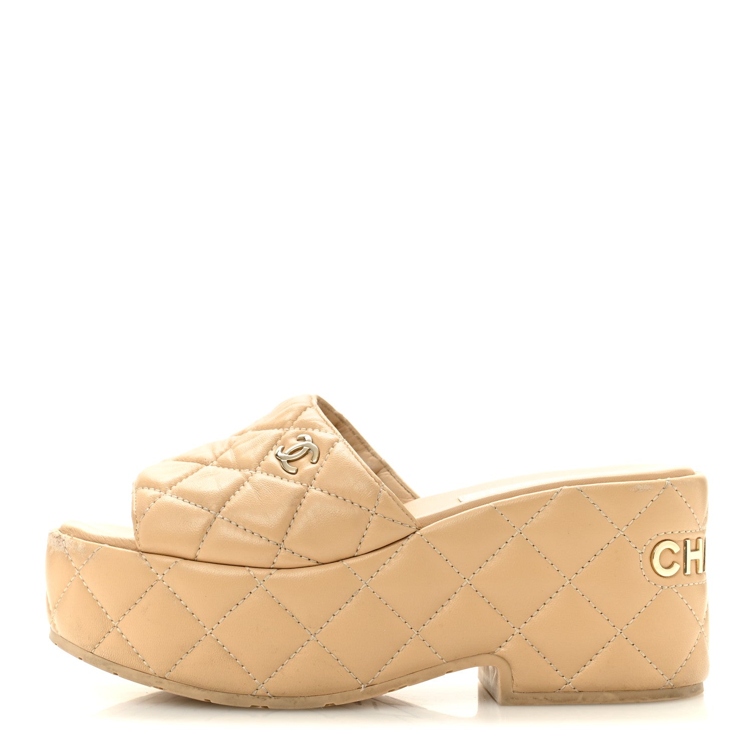 Chanel Lambskin Quilted CC Mules Wedge Sandals 36 Beige 1 of 11