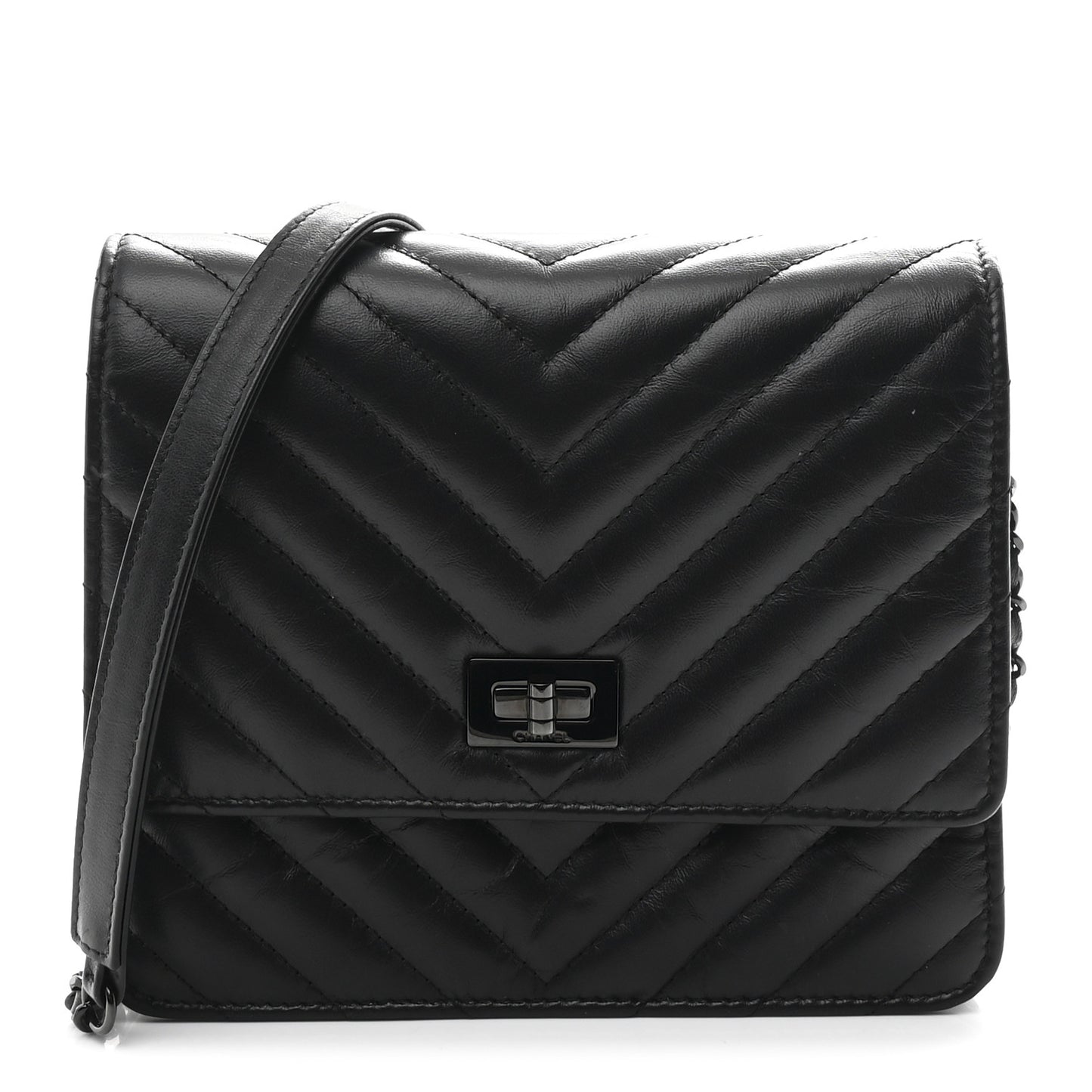 Aged Calfskin Chevron Quilted Reissue 2.55 Square Wallet On Chain WOC So Black