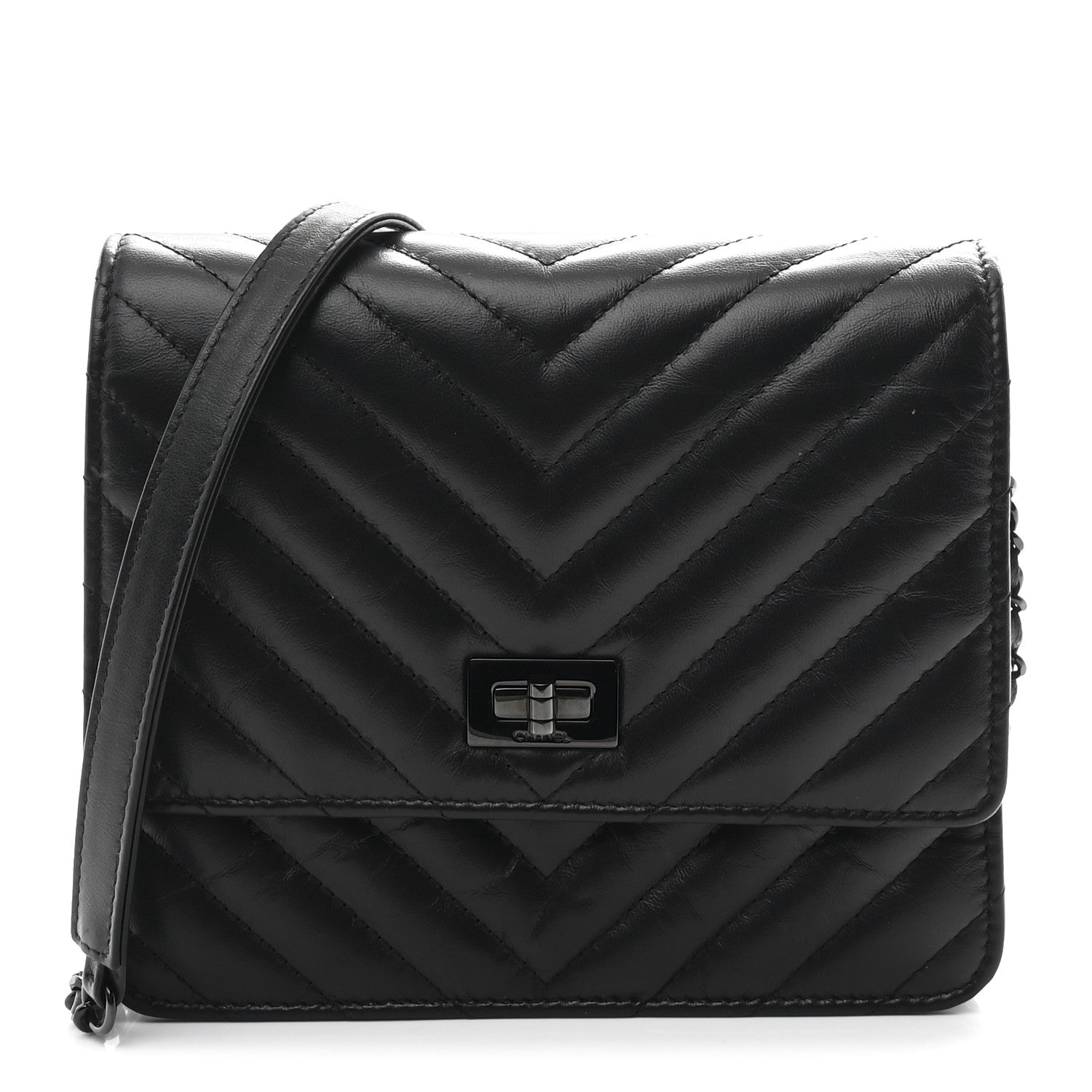 Chanel Aged Calfskin Chevron Quilted Reissue 2.55 Square Wallet On Chain WOC So Black 1 of 12