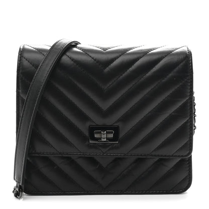 Chanel Aged Calfskin Chevron Quilted Reissue 2.55 Square Wallet On Chain WOC So Black 1 of 12
