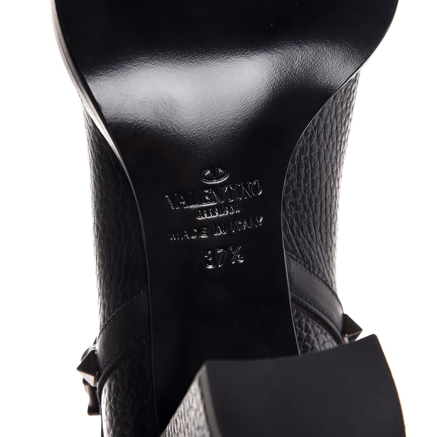 Pebbled Calfskin Onyx Rockstud Rolling Double Buckle 70mm Block Heel Ankle Boots 37.5 Black
