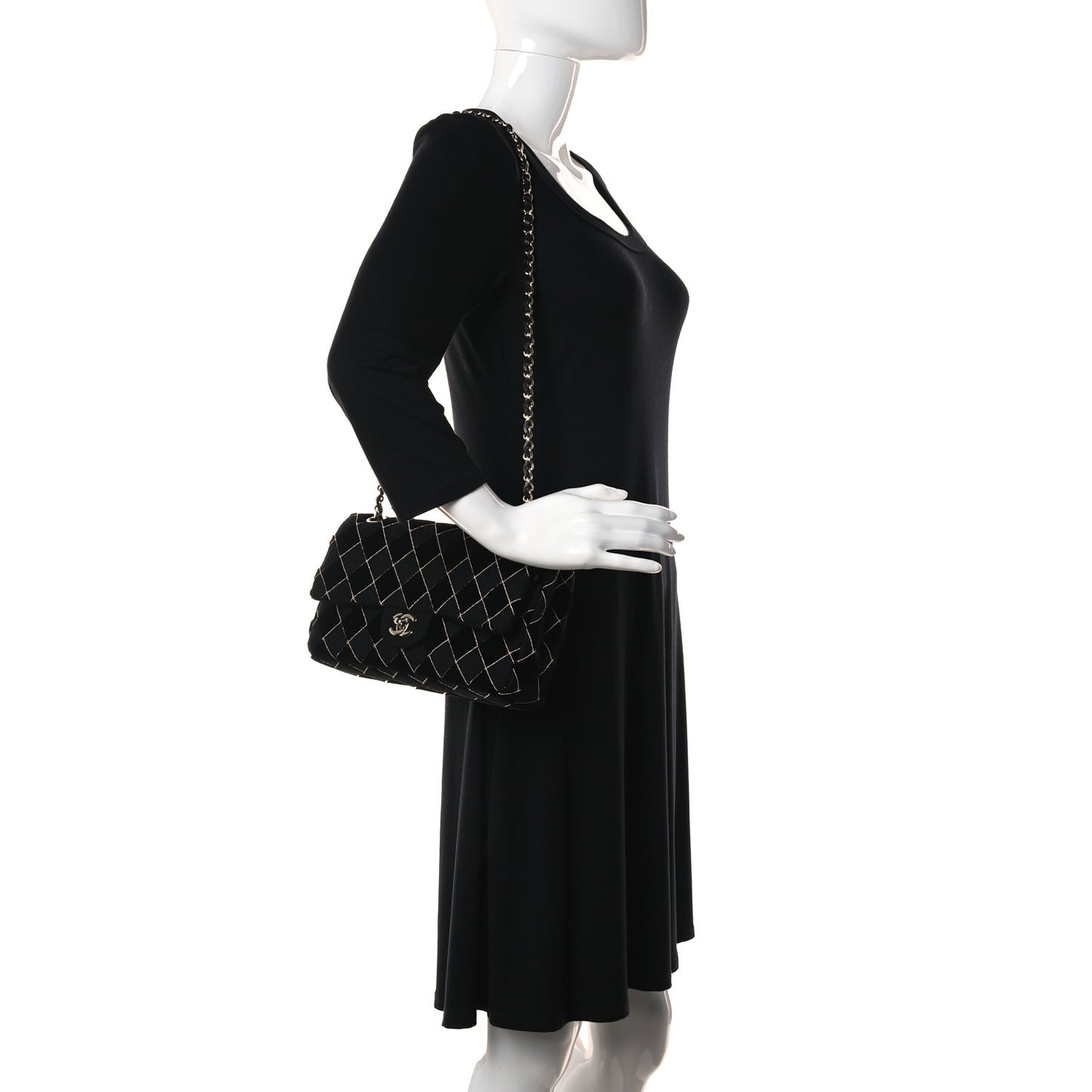 Velvet Tweed Quilted Medium Double Flap Black