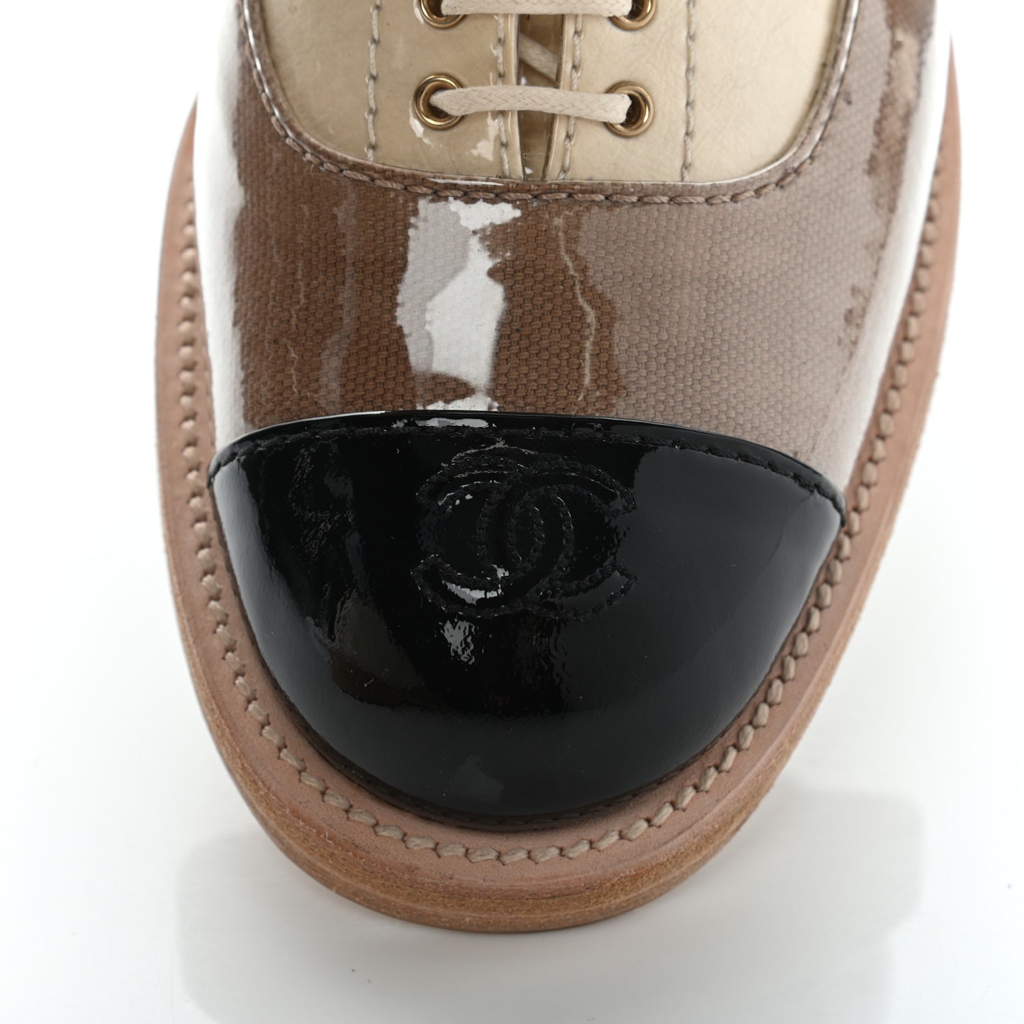 Calfskin Fabric PVC Lace Up Loafers 40 Beige Black