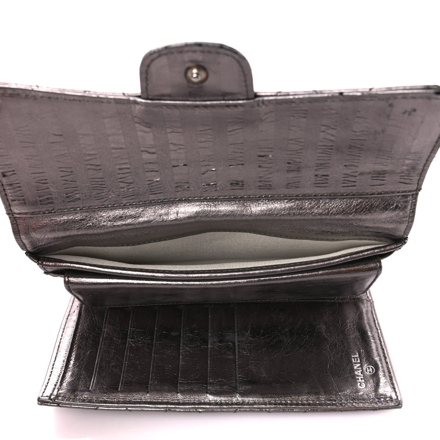 Metallic Calfskin Striped Quilted Reissue Flap Wallet Dark Silver