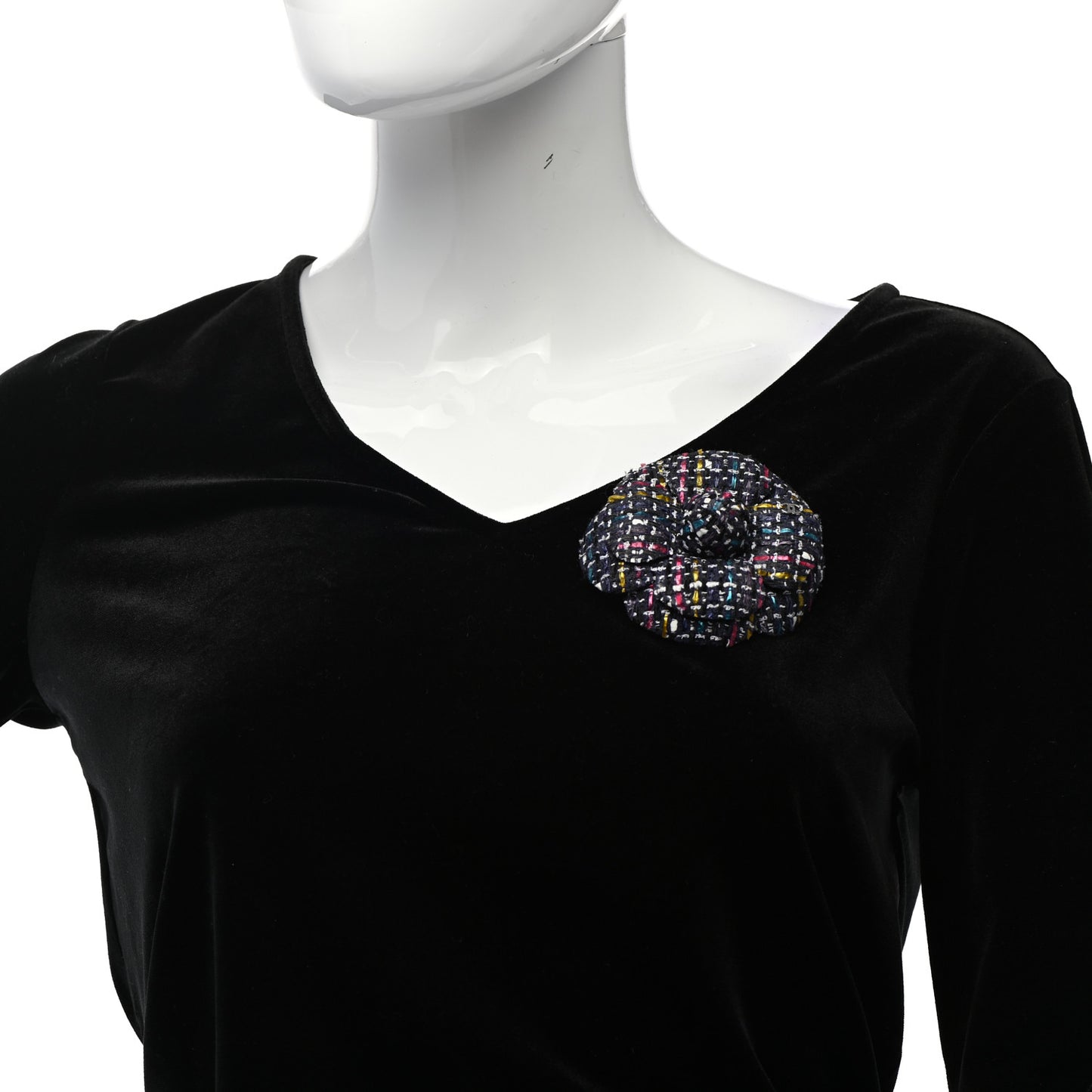 Tweed Camellia Pin Brooch Navy Multicolor