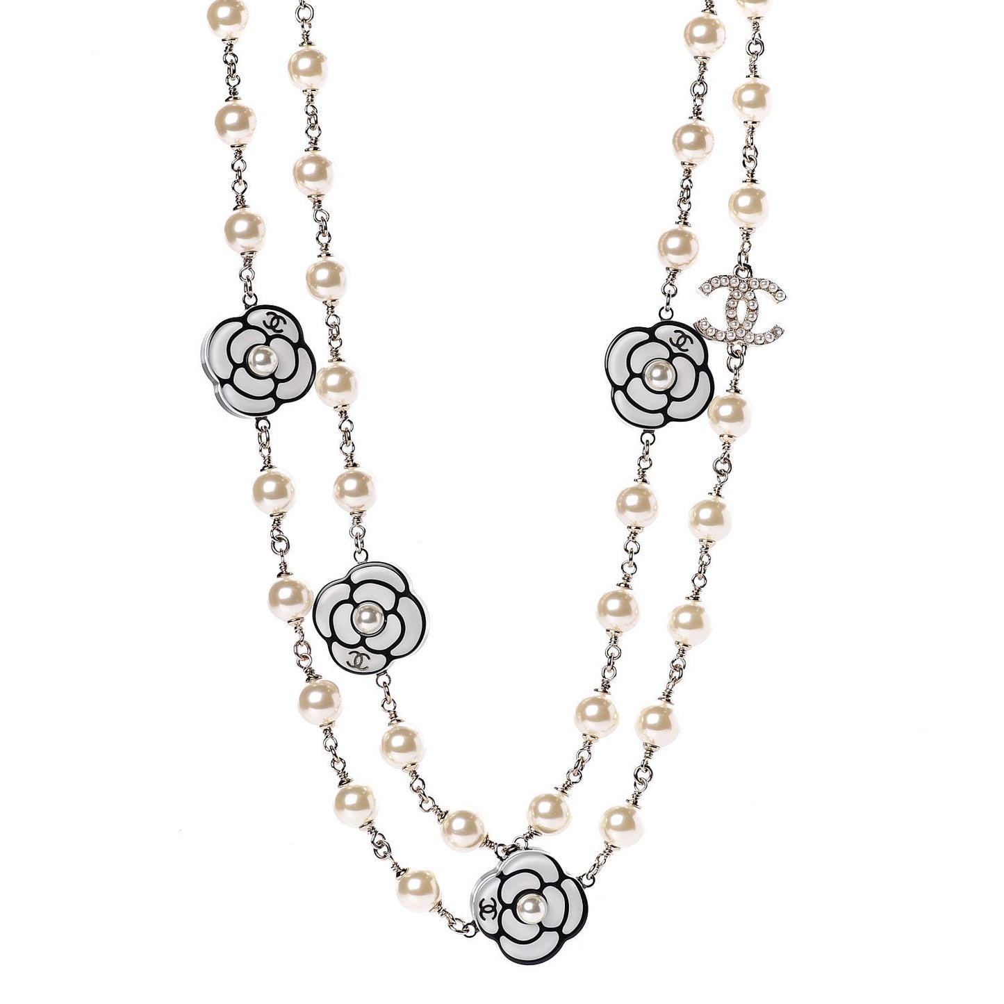 Resin Pearl Camellia CC Long Necklace Gold Pearly White