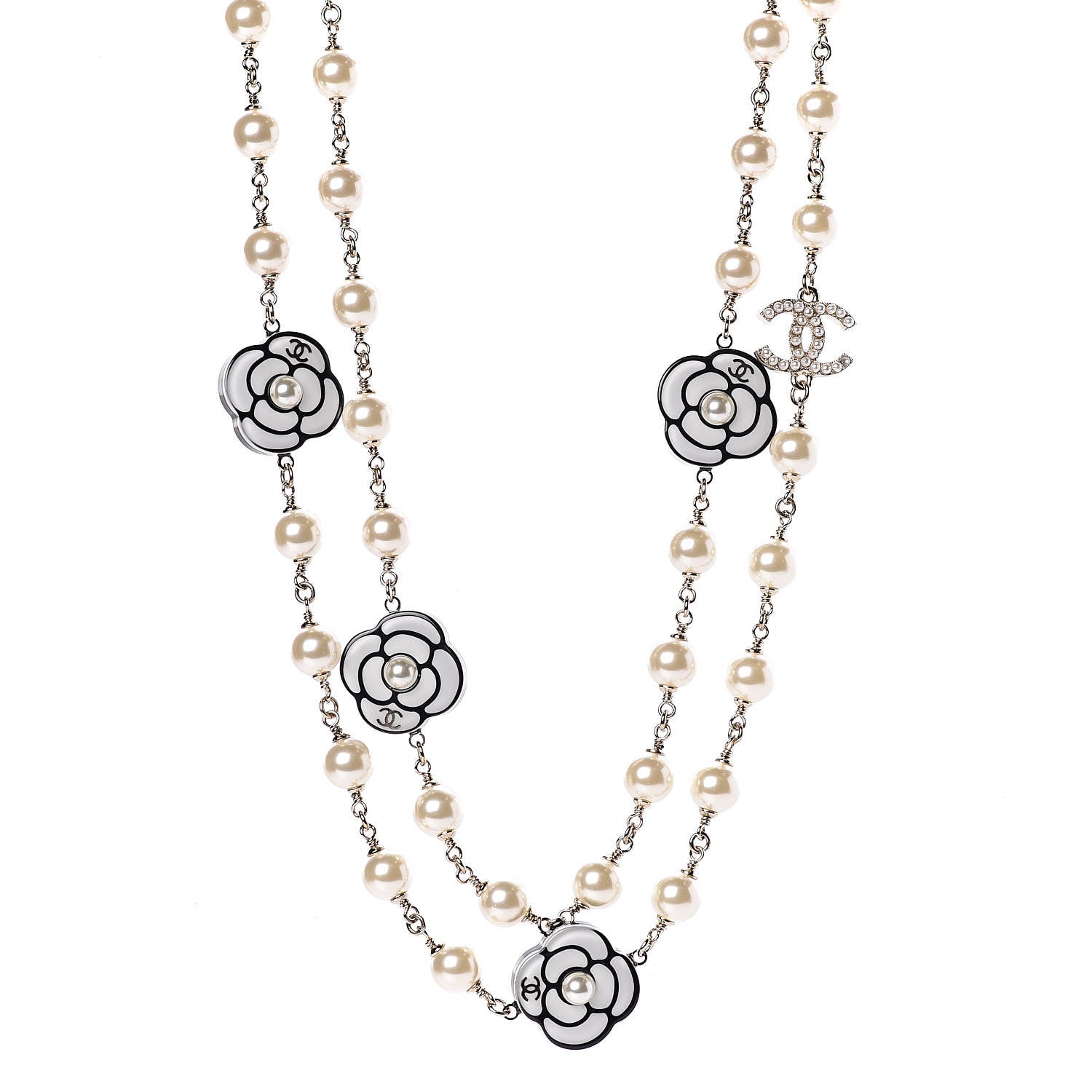 Chanel Resin Pearl Camellia CC Long Necklace Gold Pearly White 1 of 5
