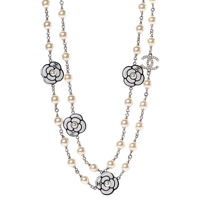 Chanel Resin Pearl Camellia CC Long Necklace Gold Pearly White 1 of 5