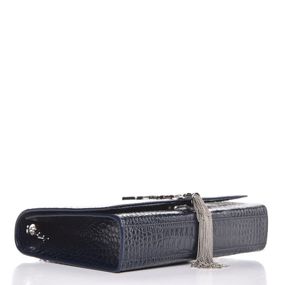 Saint Laurent Calfskin Crocodile Embossed Medium Classic Monogram Kate Tassel Satchel Blue Sapphire 4 of 12