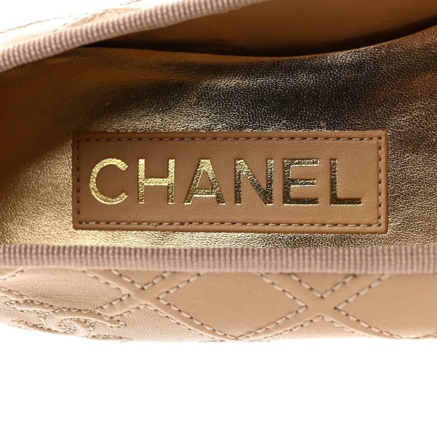 Lambskin Patent Calfskin Double Stitched CC Cap Toe Ballerina Flats 36 Beige Black
