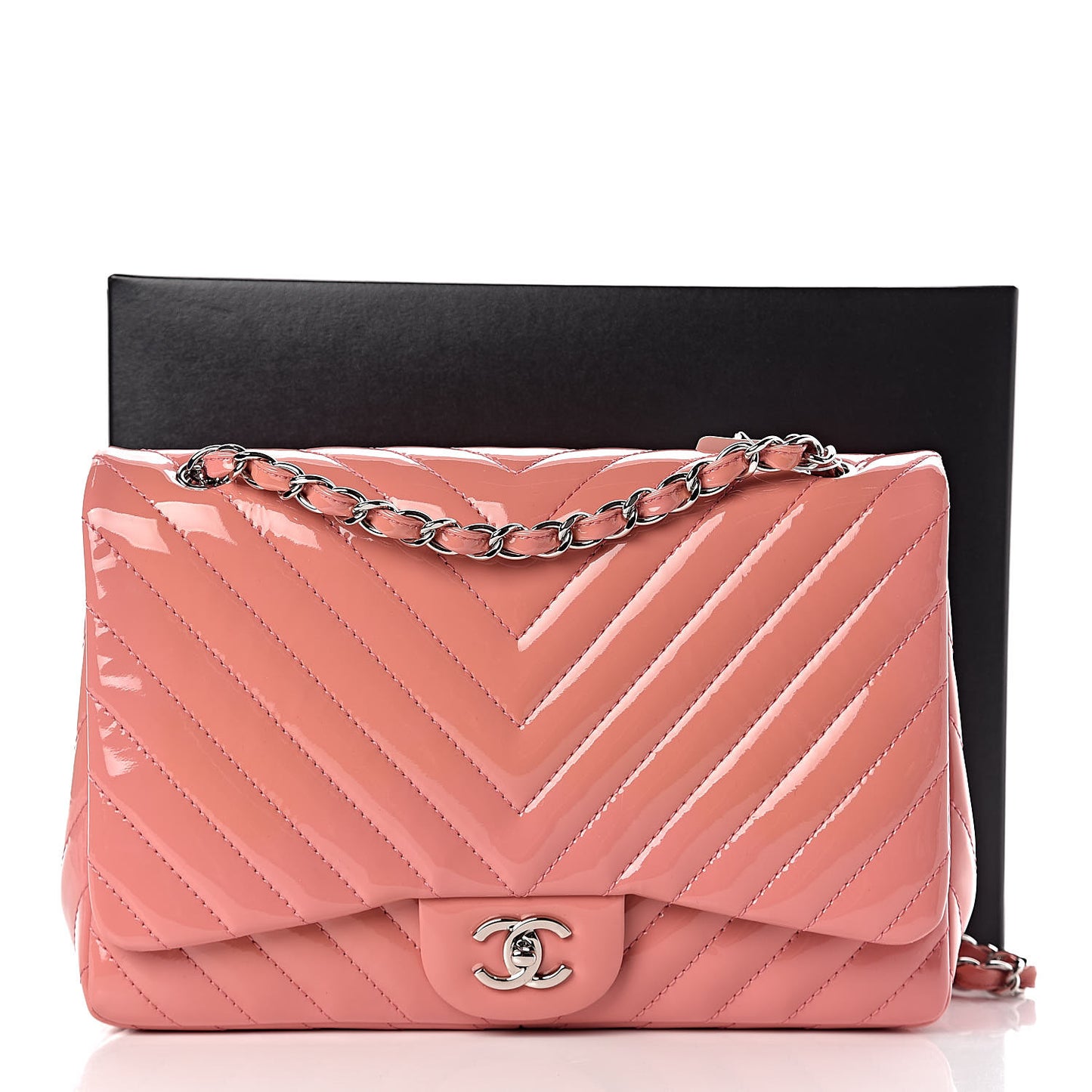 Patent Chevron Quilted Jumbo Single Flap Pink