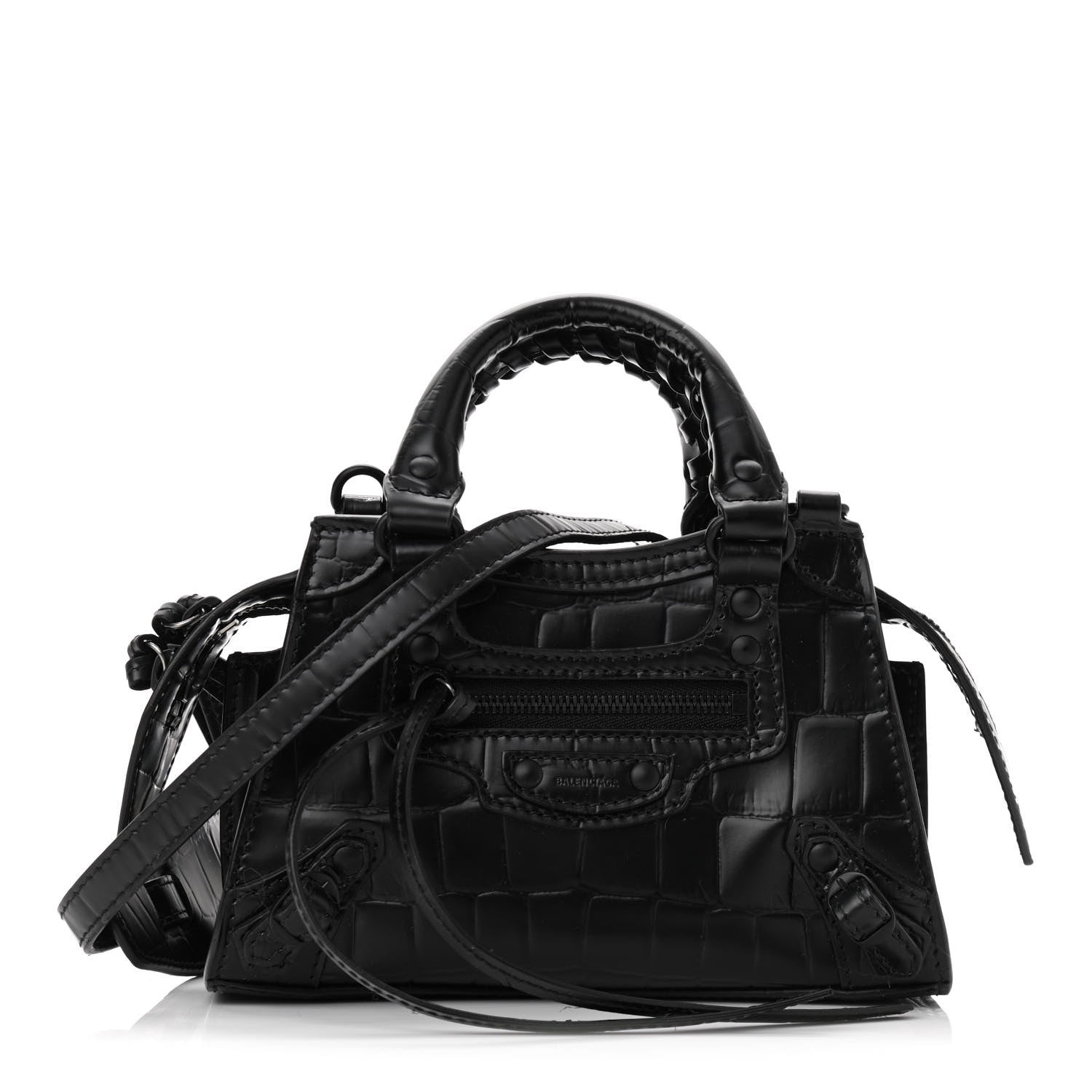 Balenciaga Semi Shiny Calfskin Crocodile Embossed Neo Classic Black Hardware Nano City Crossbody Black 1 of 8
