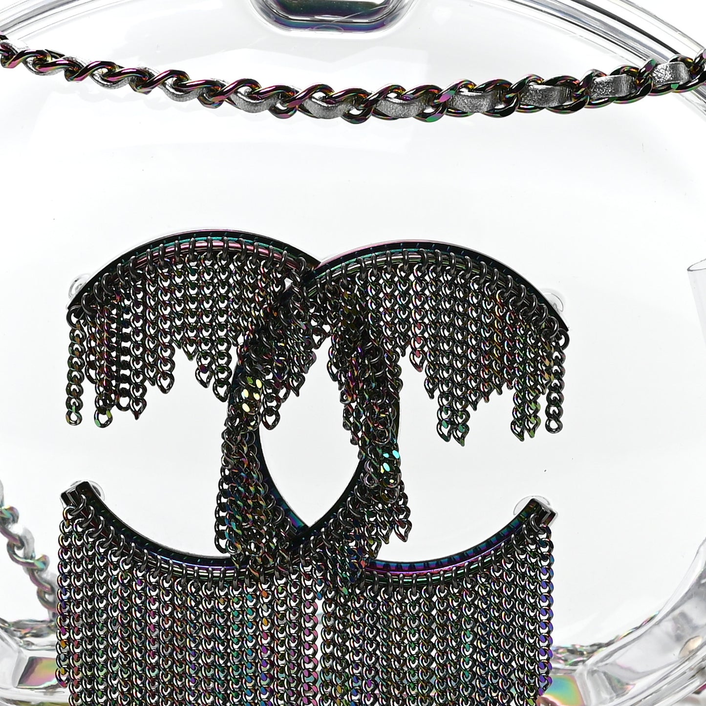 Plexiglass Iridescent Chain Fringe CC Clutch Clear