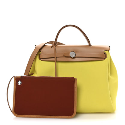 Hermes Military Toile Vache Hunter Herbag Zip Retourne 31 PM Lime Naturel Sable Rouge Garance 3 of 11