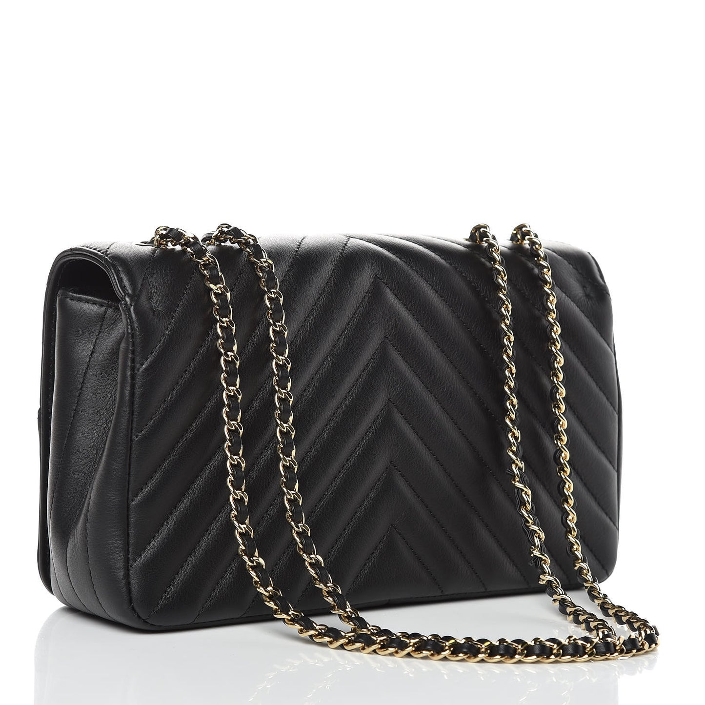 Calfskin Chevron Quilted Statement Flap Black