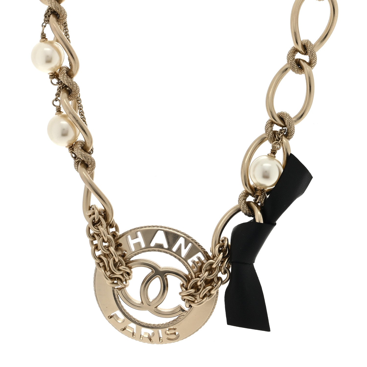 Chanel Metal Pearl Chain CC Paris Pendant Necklace Light Gold 1 of 4