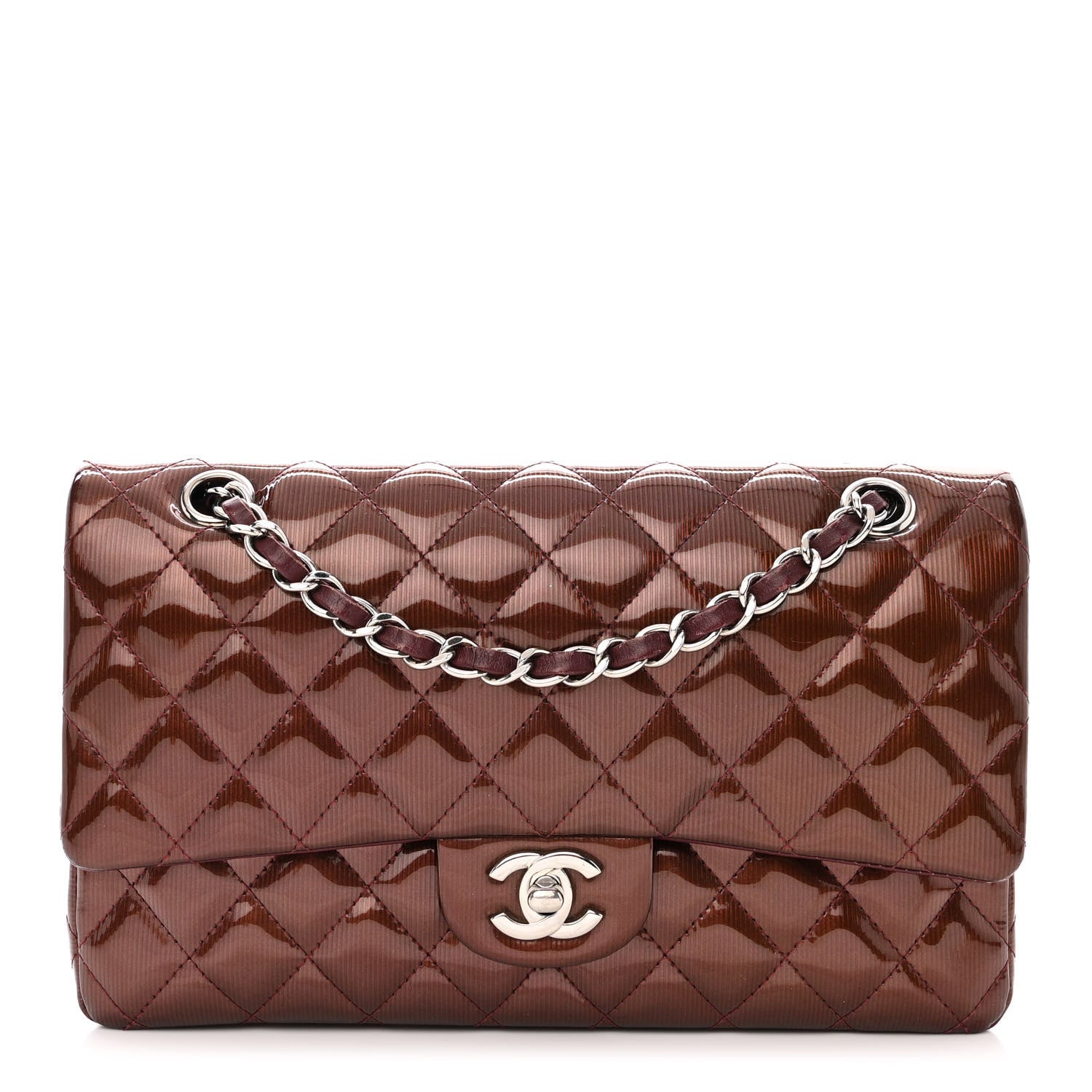 Chanel Striated Patent Quilted Medium Double Flap Burgundy 1 of 16