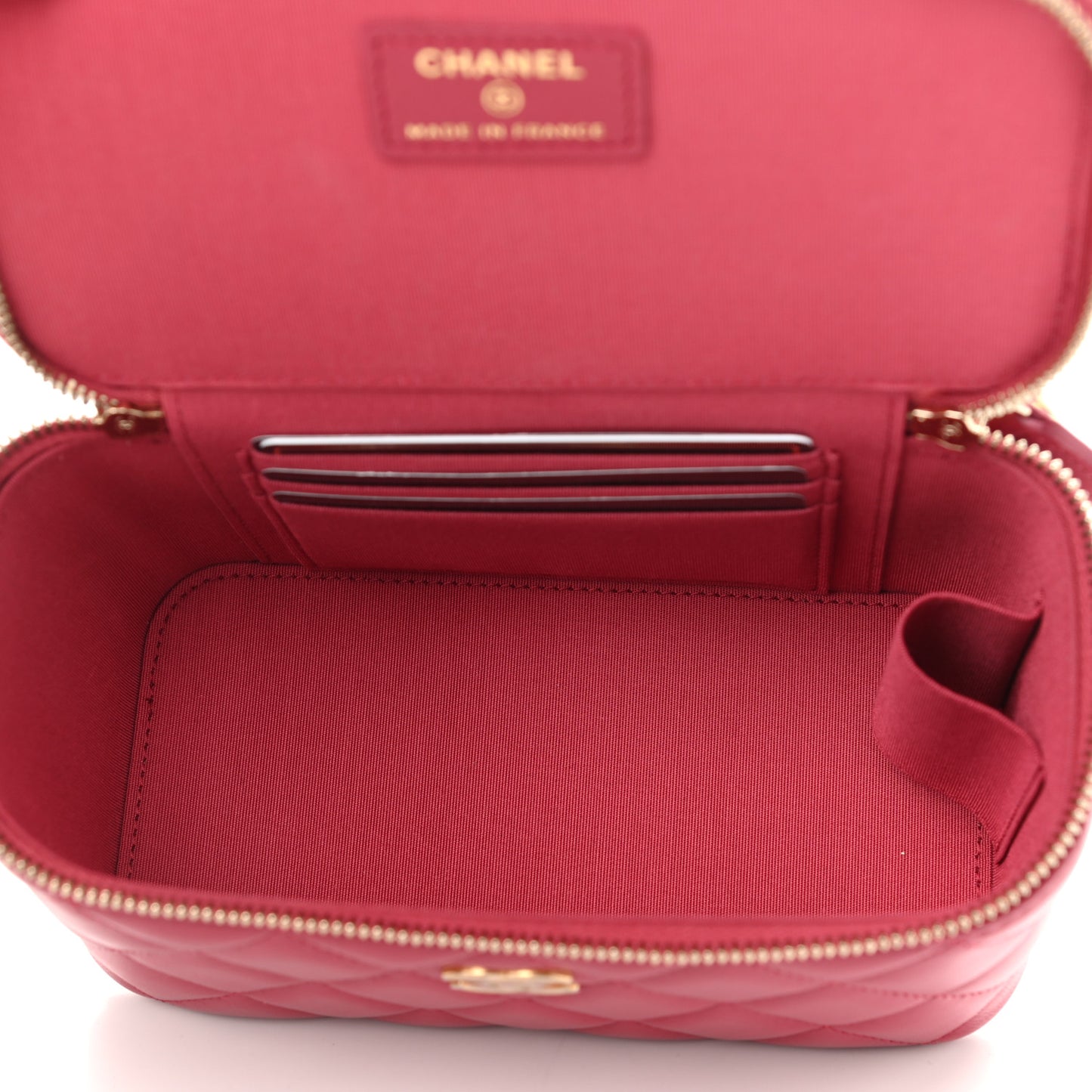 Lambskin Quilted Small Top Handle Vanity Case With Chain Dark Pink