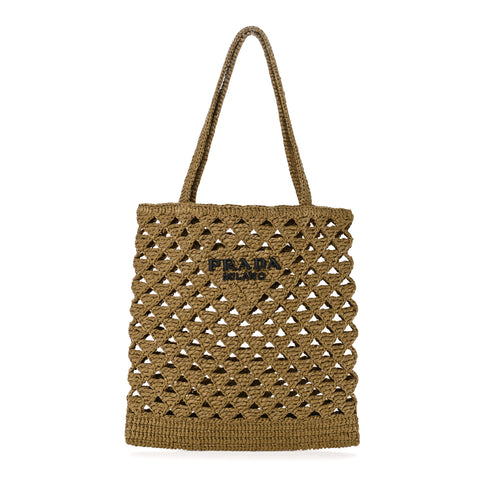Yarn Raffia Effect Crochet Logo Embroidered Tote Bag Oliva