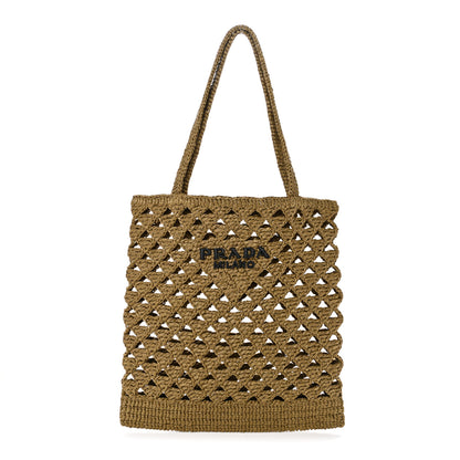 Prada Yarn Raffia Effect Crochet Logo Embroidered Tote Bag Oliva 1 of 9