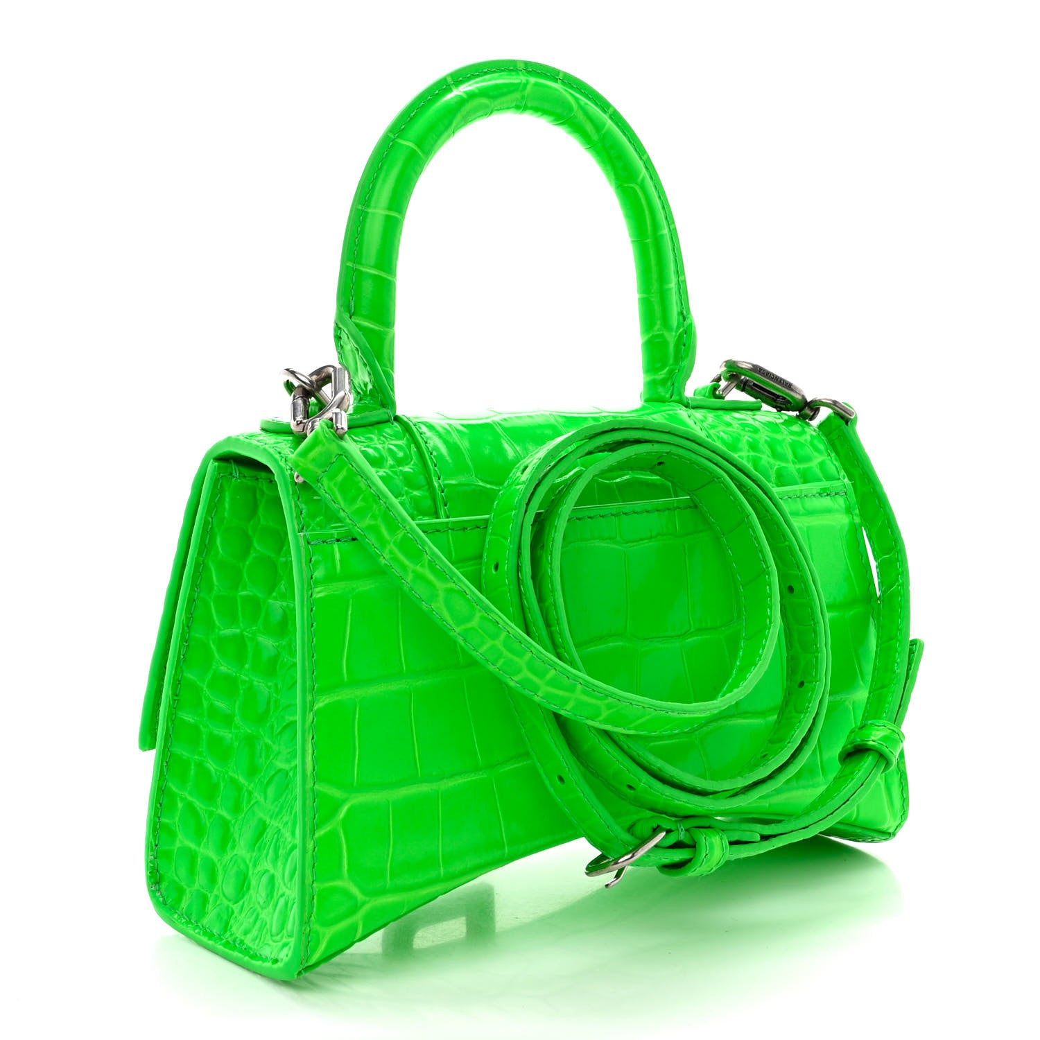 Balenciaga Shiny Calfskin Strass Crocodile Embossed Hourglass Top Handle Bag XS Fluo Green 3 of 12