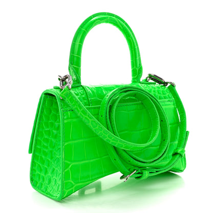 Balenciaga Shiny Calfskin Strass Crocodile Embossed Hourglass Top Handle Bag XS Fluo Green 3 of 12