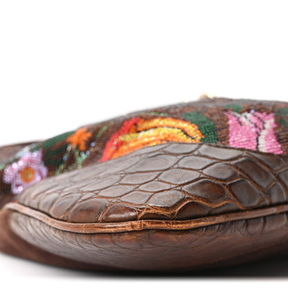 Gucci Crocodile Suede Beaded Floral Jackie Hobo Bag Brown 9 of 10