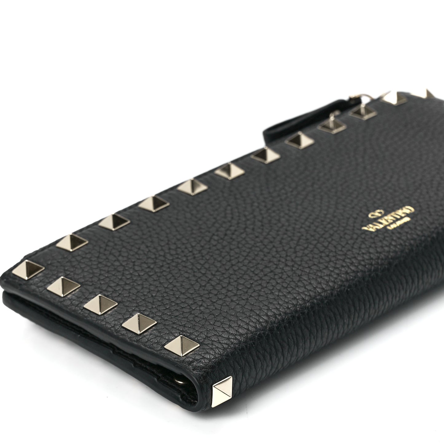Pebbled Calfskin Rockstud Fold Zip Wallet Black