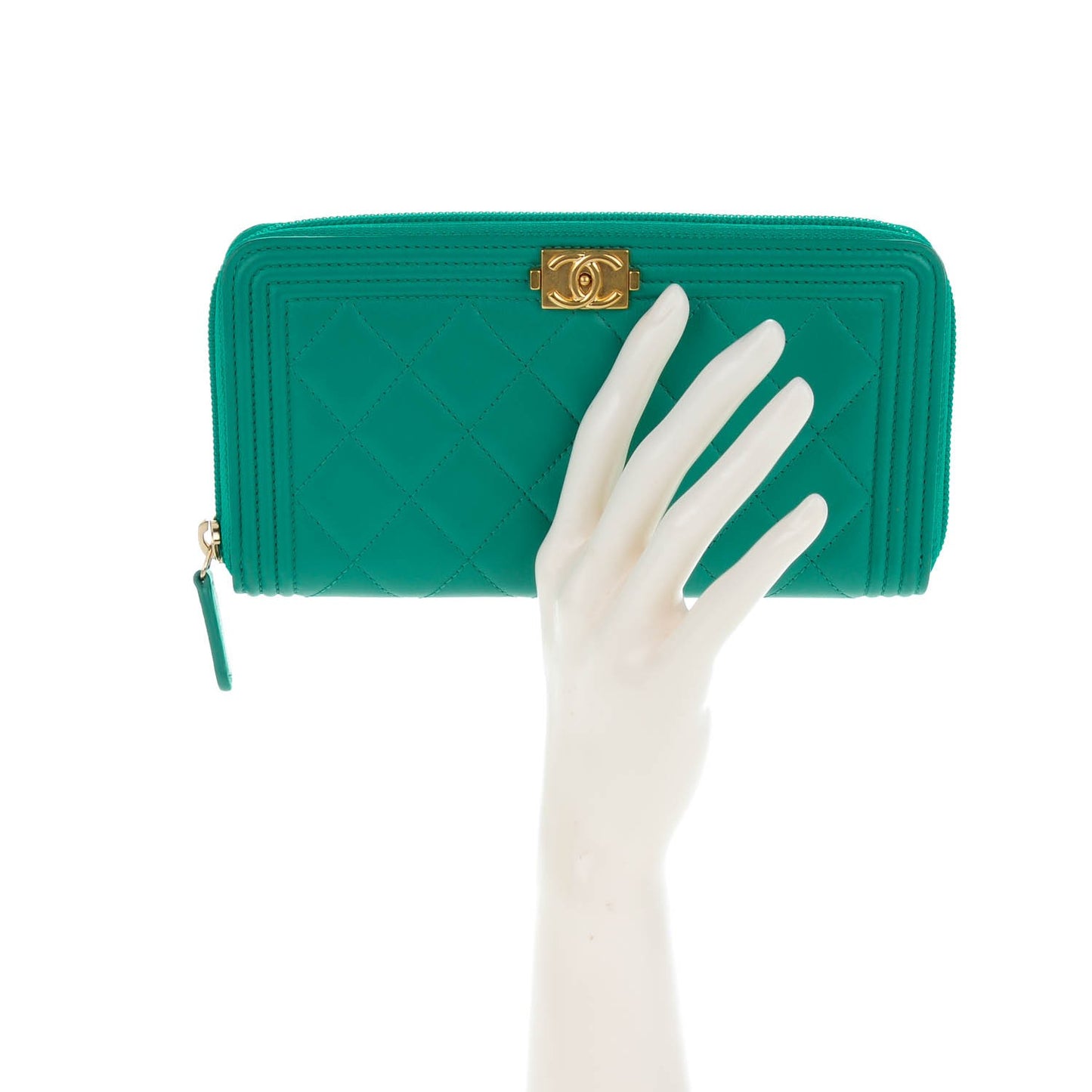 Lambskin Quilted Boy Zip Wallet Green
