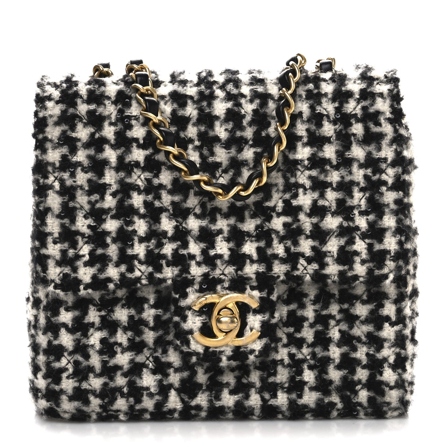Tweed Houndstooth Quilted Mini Square Flap White Black