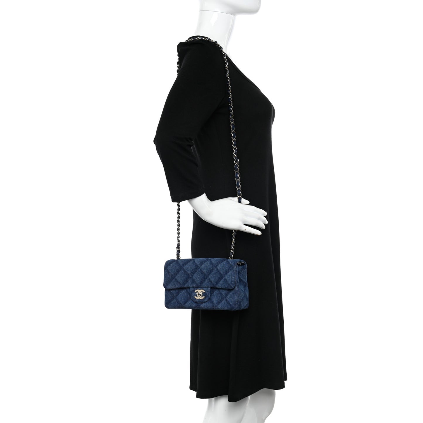 Printed Denim Quilted Mini Rectangular Flap Dark Blue