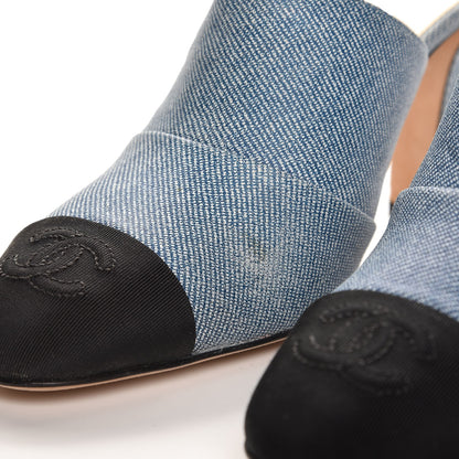 Chanel Printed Lambskin Grosgrain Cap Toe CC Mules 35 Blue Black 7 of 10