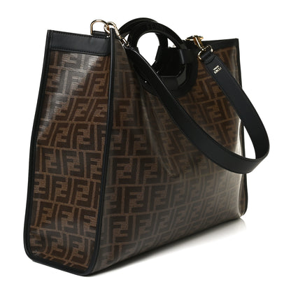 Fendi Glazed Fabric Vitello Century Plexiglass FF 1974 Stamp Patch Medium Runaway Shopper Tote Mogano Panna Black 3 of 17