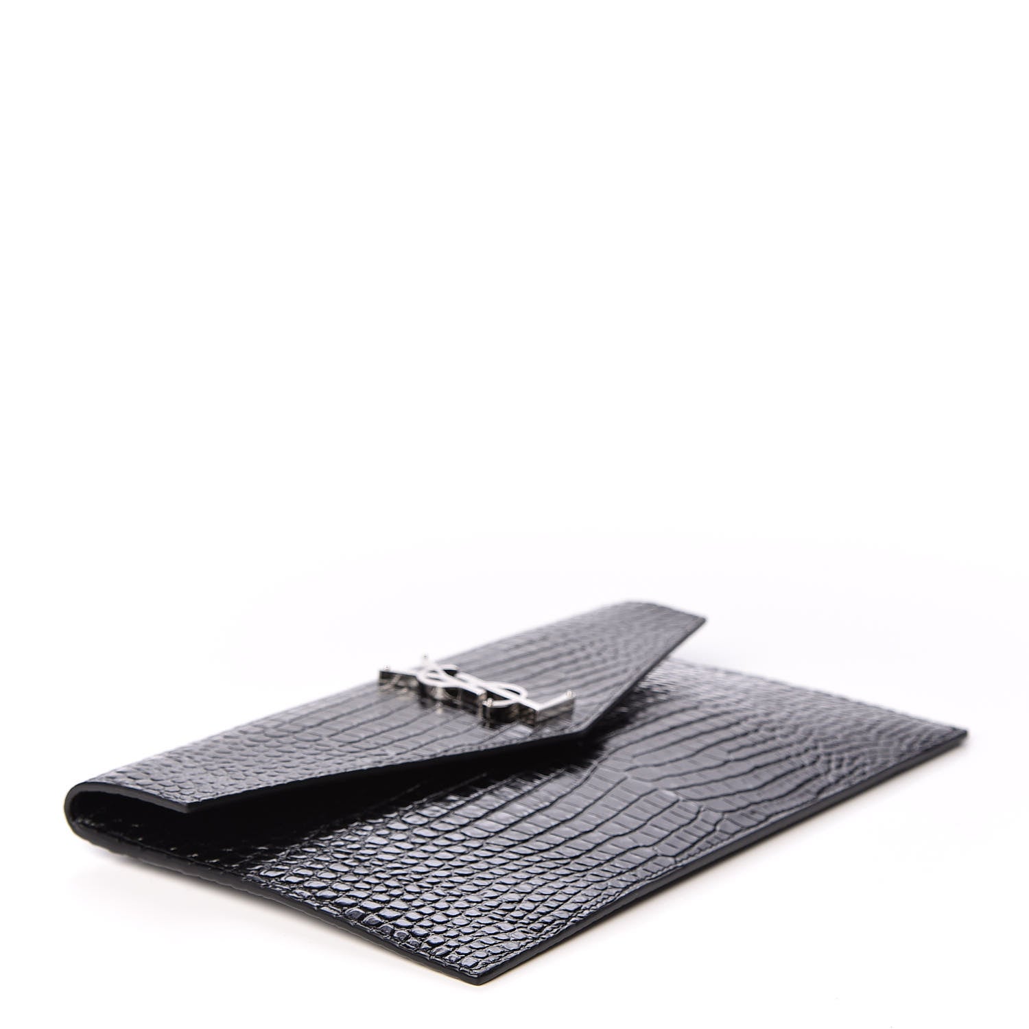 Saint Laurent Calfskin Crocodile Embossed Uptown Monogram Clutch Black 3 of 9