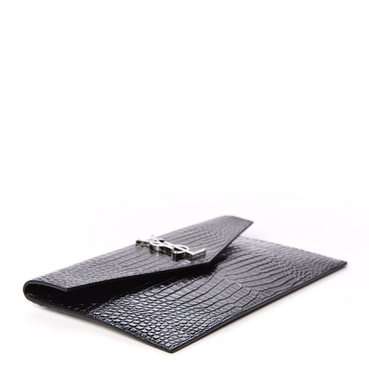 Saint Laurent Calfskin Crocodile Embossed Uptown Monogram Clutch Black 3 of 9