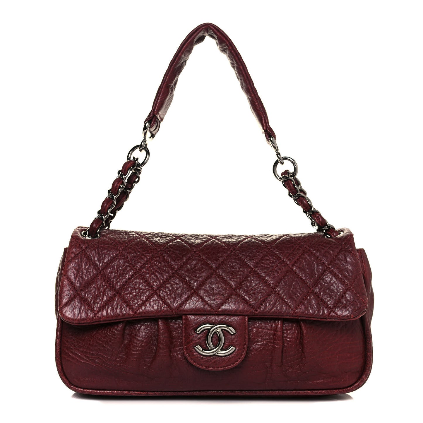 Distressed Lambskin Lady Braid Flap Burgundy