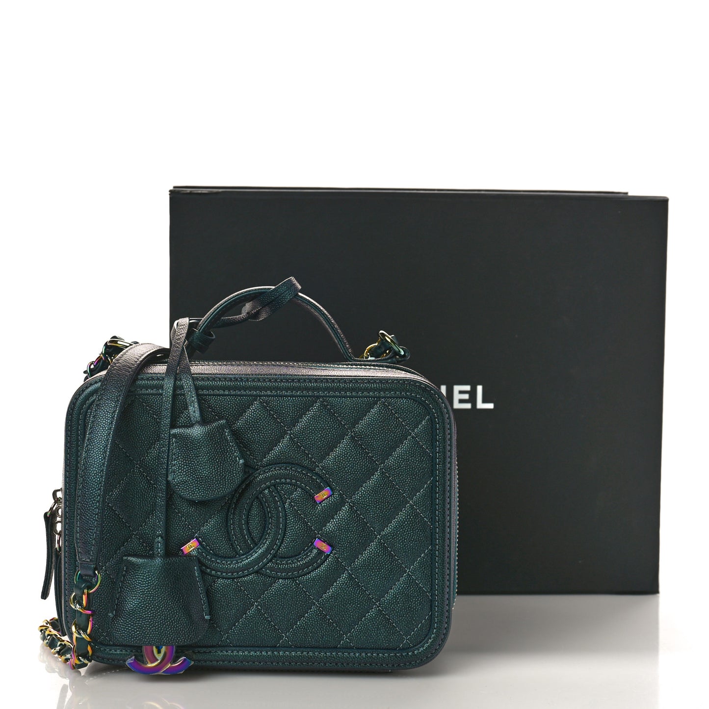 Iridescent Caviar Quilted Medium CC Filigree Vanity Case Dark Turquoise