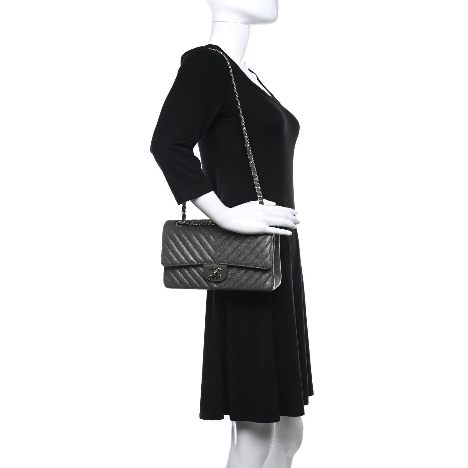 Chanel Caviar Chevron Quilted Medium Double Flap Dark Grey 2 of 10