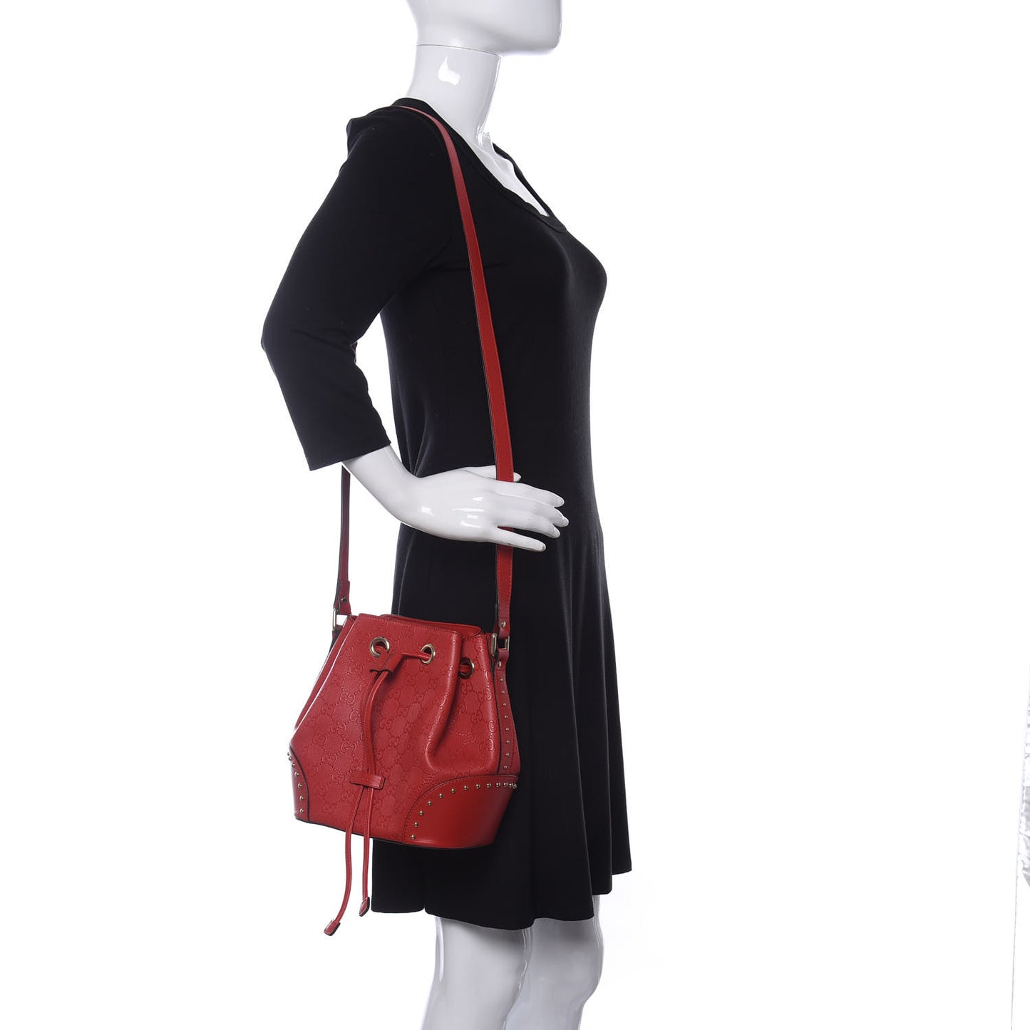 HIlary Lux GG Monogram Embossed Studded Small Bucket Bag Tobasco