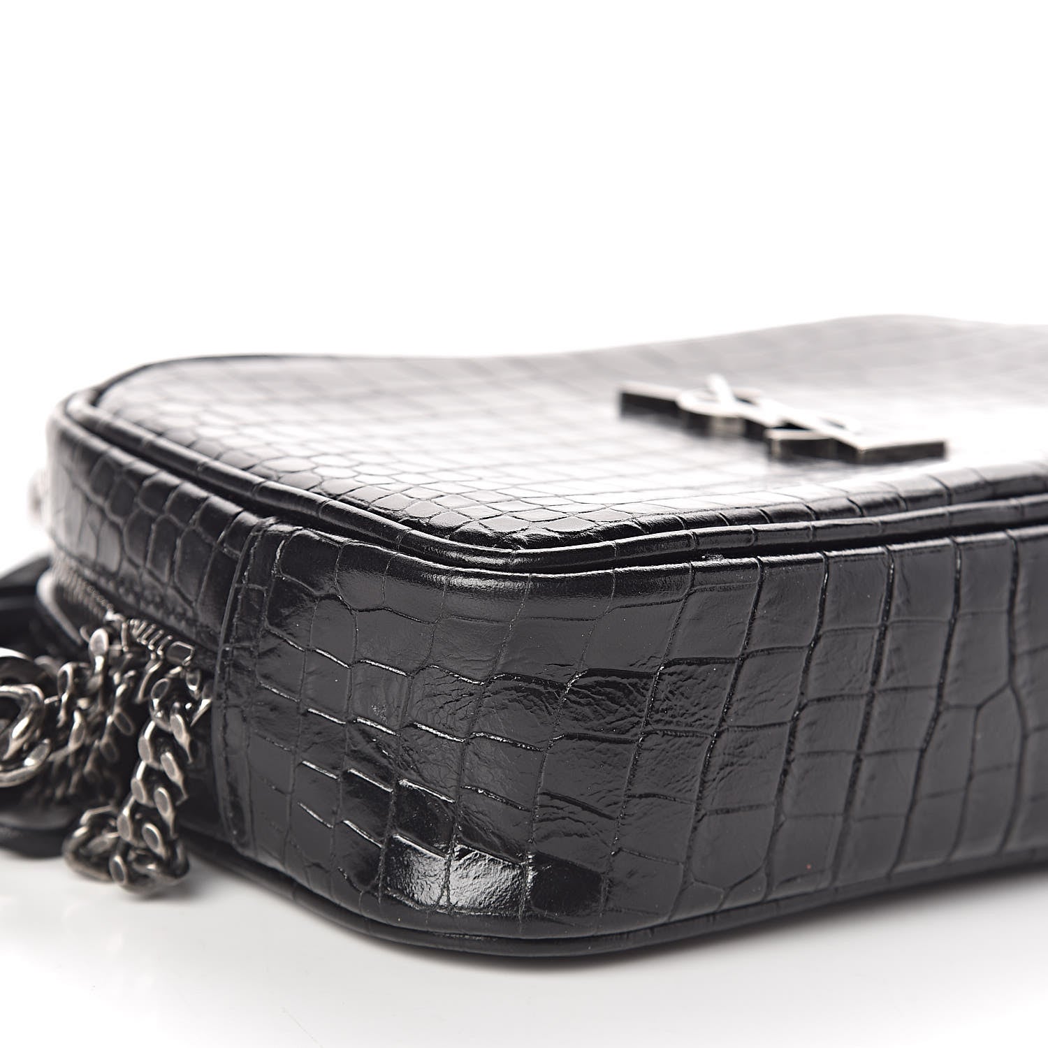 Saint Laurent Calfskin Crocodile Embossed Monogram Mini Lou Camera Bag Black 7 of 9