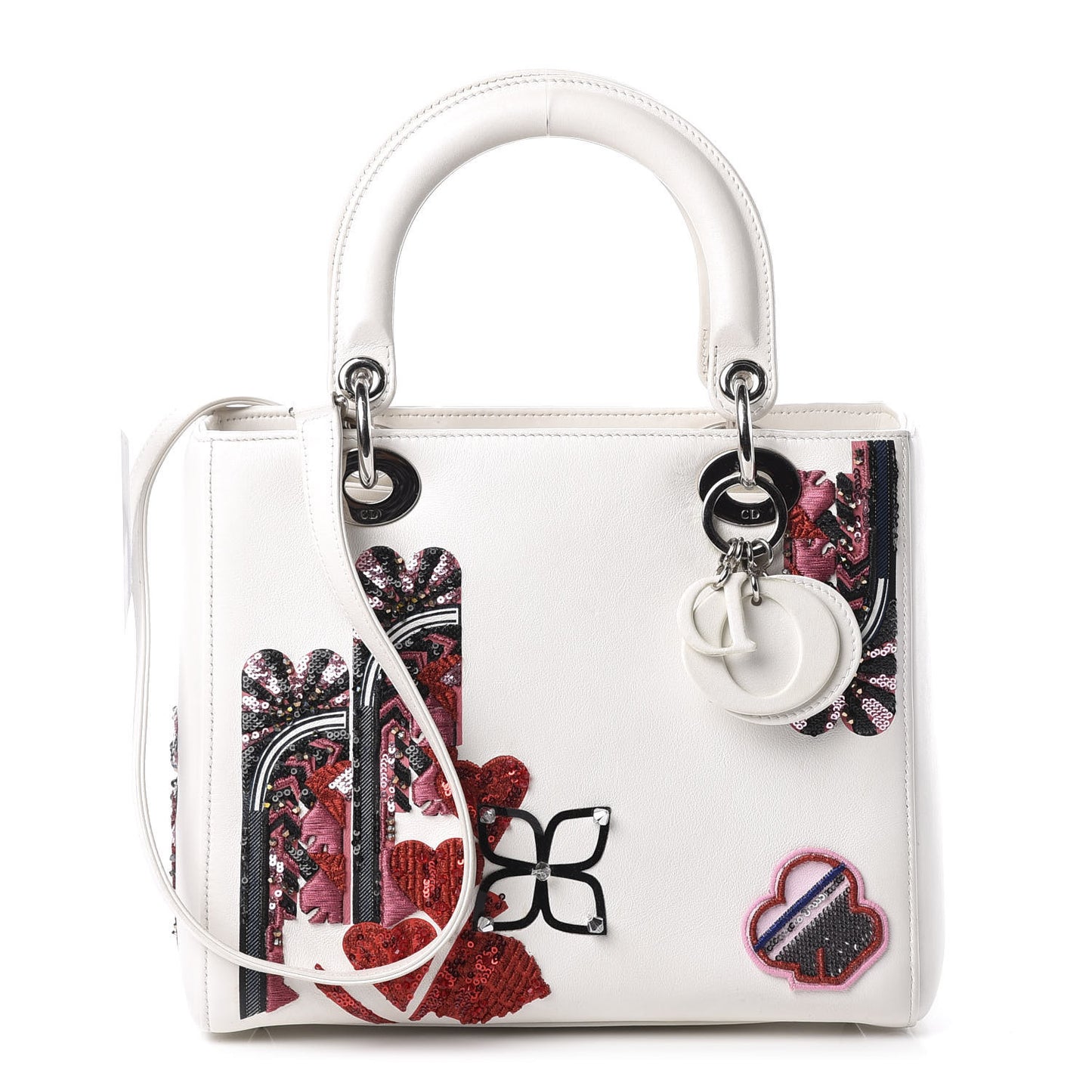 Smooth Calfskin Embroidered Medium Lady Dior White Multicolor