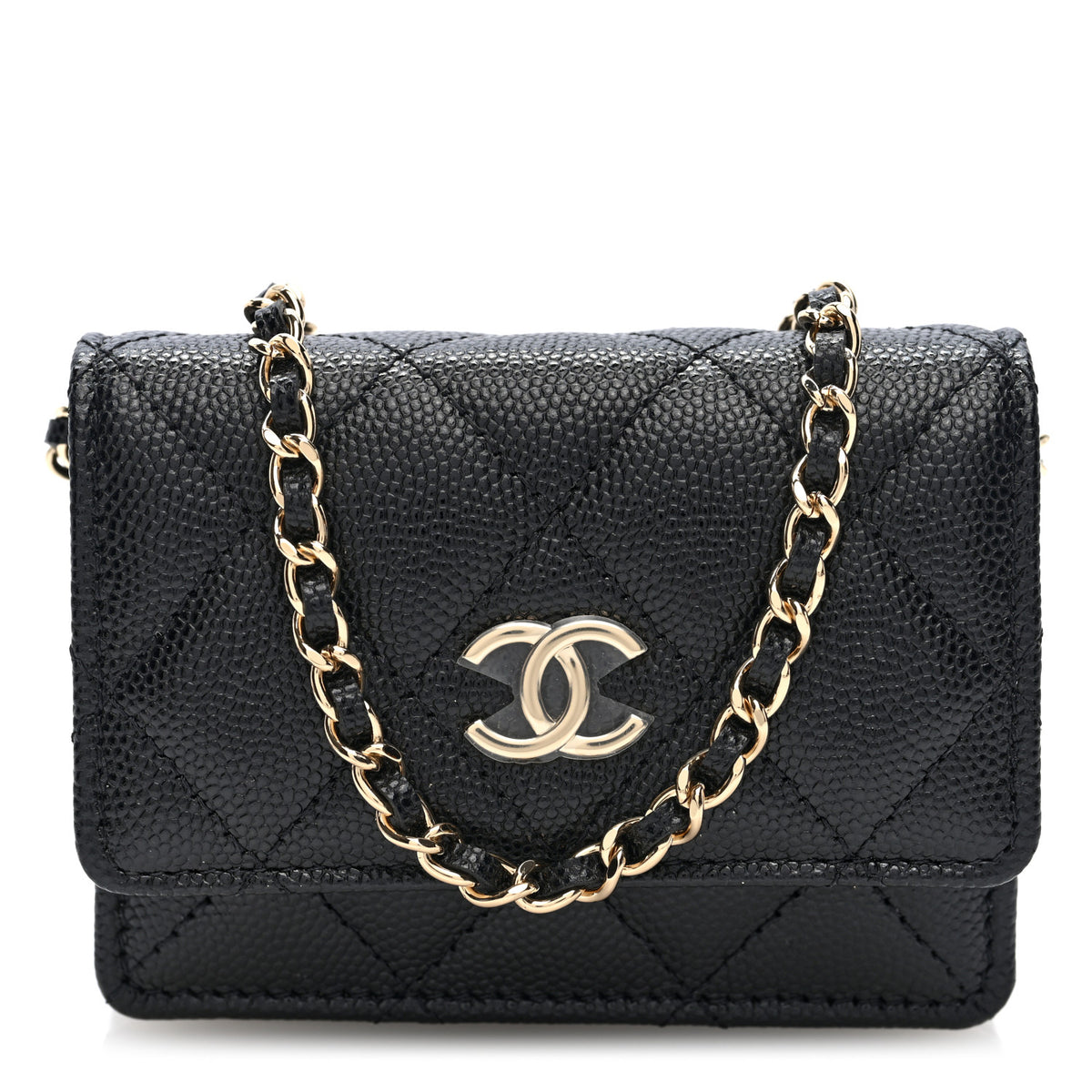Caviar Quilted CC Stars Card Holder On Chain Black