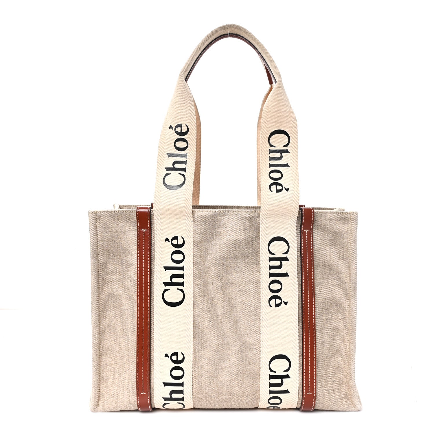 Chloe Cotton Calfskin Medium Woody Ribbon Tote White Brown 1 of 12