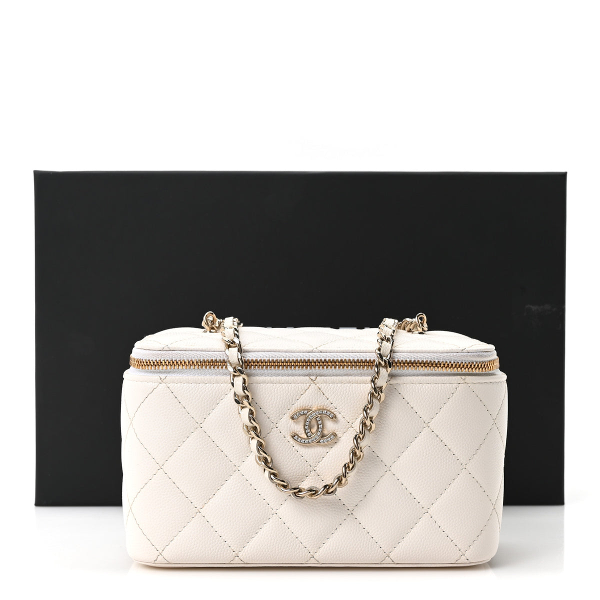 Chanel Caviar Quilted Crystal CC Logo Vanity Case With Chain White 11 of 11