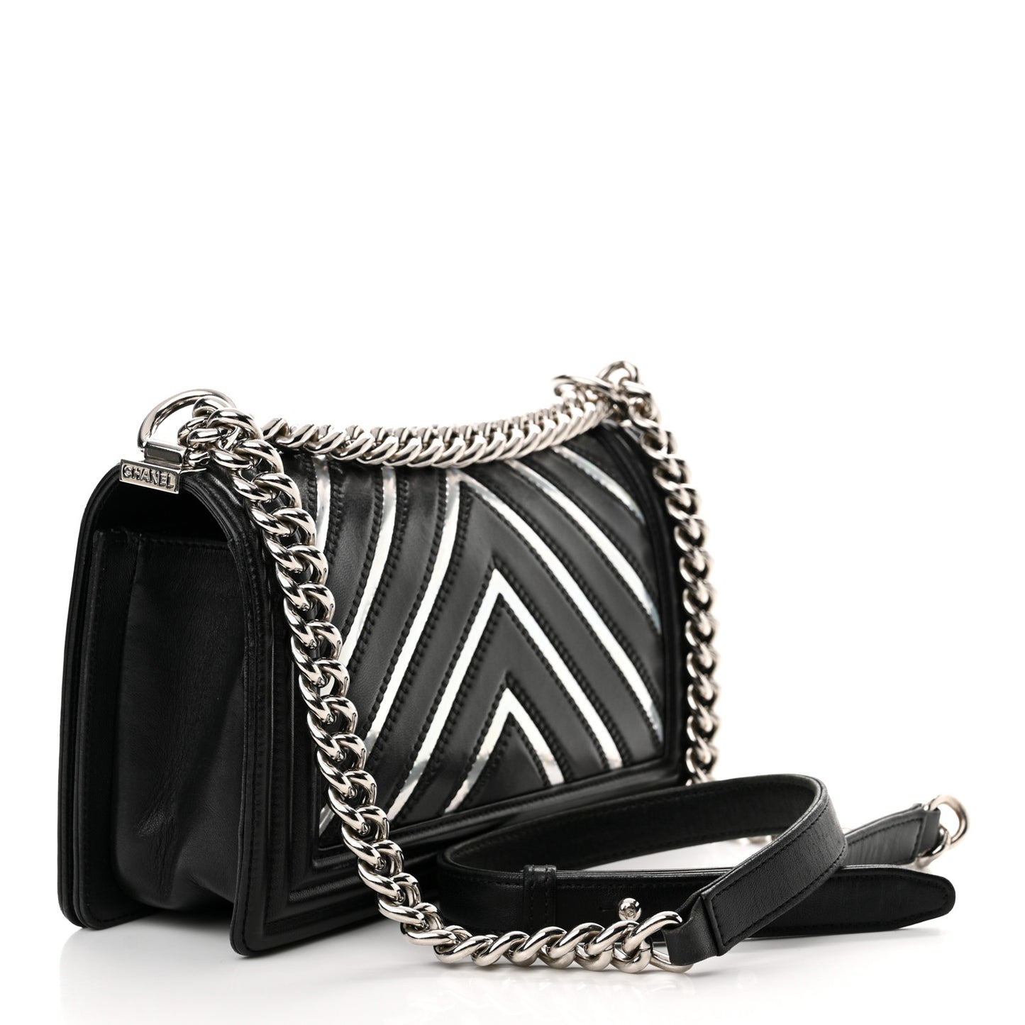 Lambskin Iridescent PVC Chevron Quilted Medium Boy Flap Black Silver