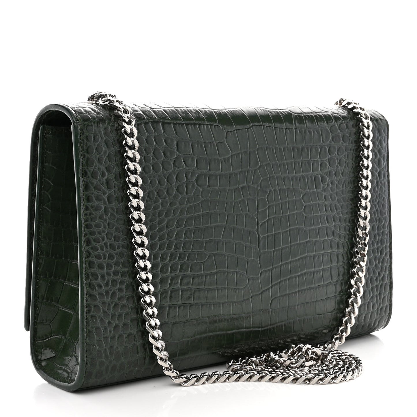 Calfskin Crocodile Embossed Medium Classic Monogram Kate Tassel Satchel Dark Mint