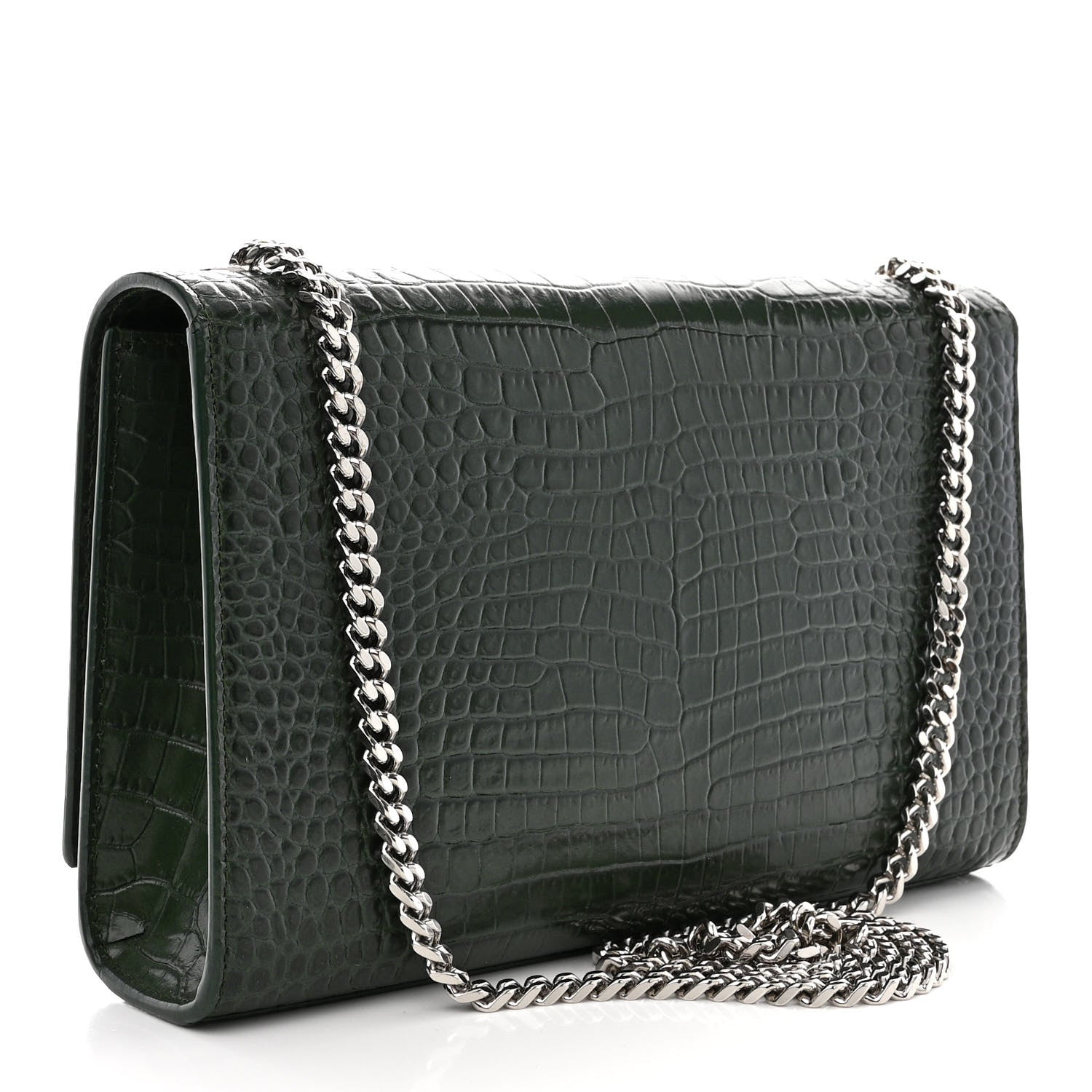 Saint Laurent Calfskin Crocodile Embossed Medium Classic Monogram Kate Tassel Satchel Dark Mint 3 of 10