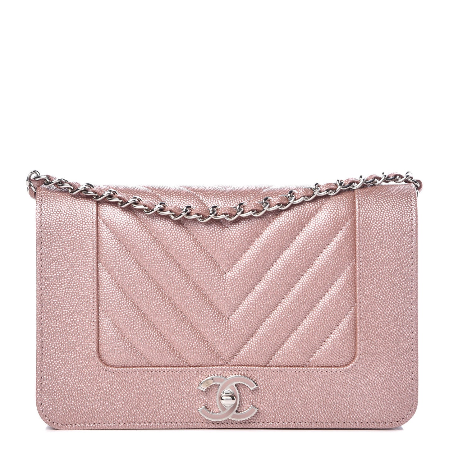 Metallic Caviar Chevron Quilted Vintage Mademoiselle Wallet On Chain WOC Pink
