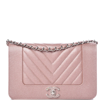 Chanel Metallic Caviar Chevron Quilted Vintage Mademoiselle Wallet On Chain WOC Pink 1 of 11
