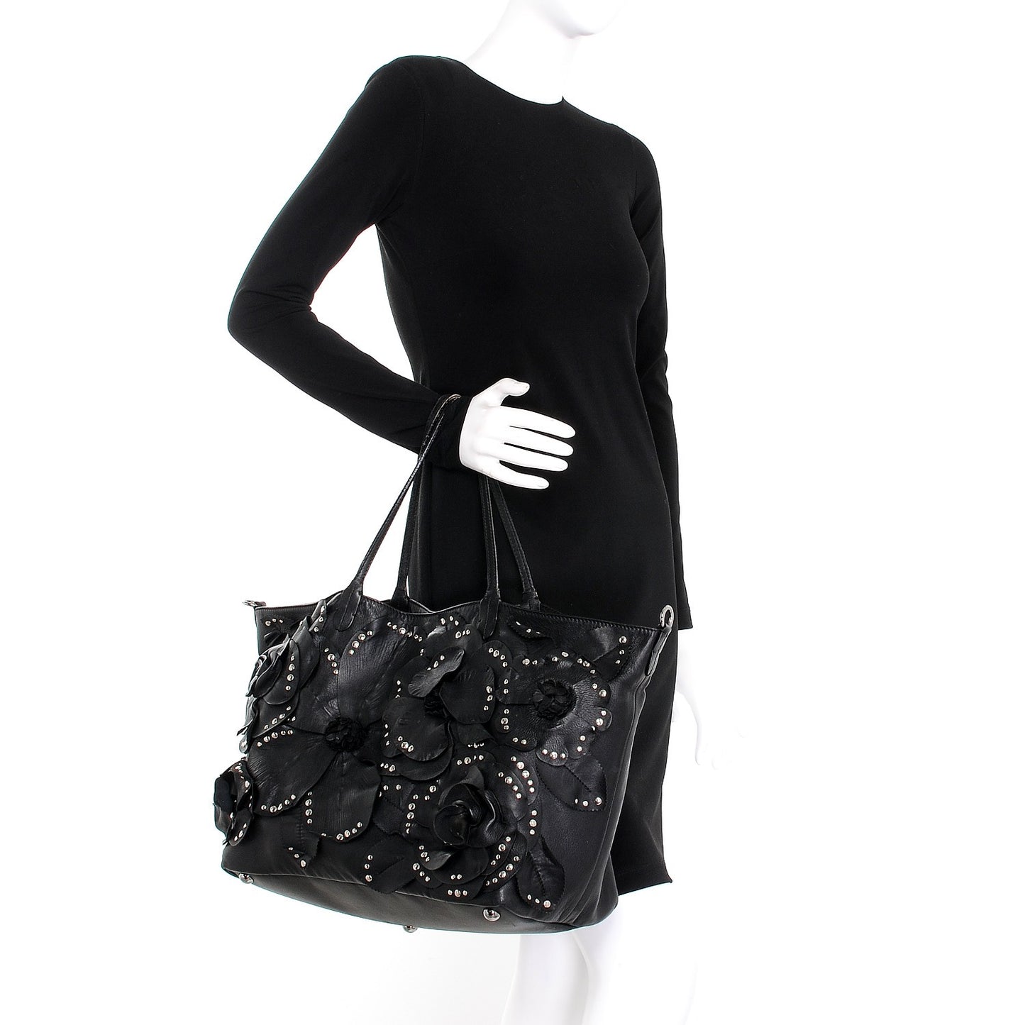 Nappa Studded Rosette Tote Black